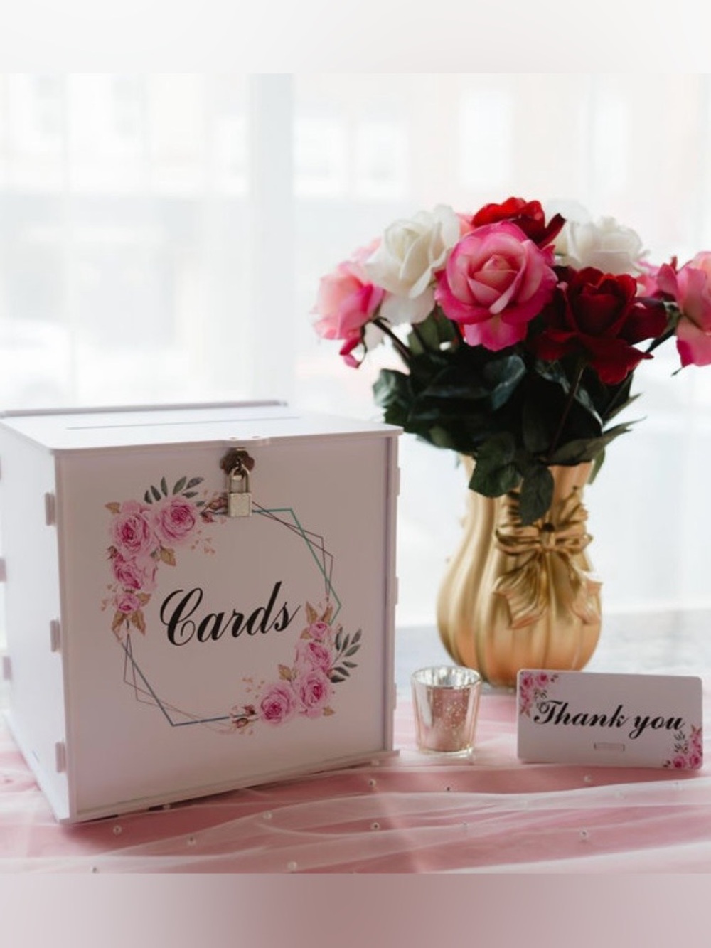 White Wedding Card Box with Lock, and thank you card on stand, used once